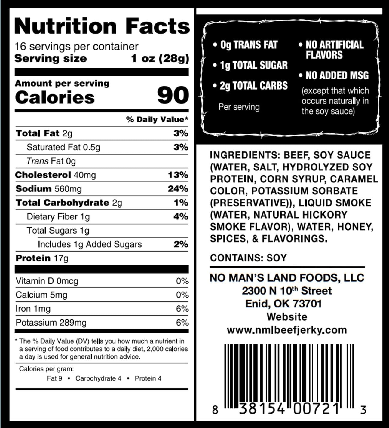 No Mans Land Premium Beef Jerky, 17g Protein, Smoked & Seasoned, HOT 16oz Bag