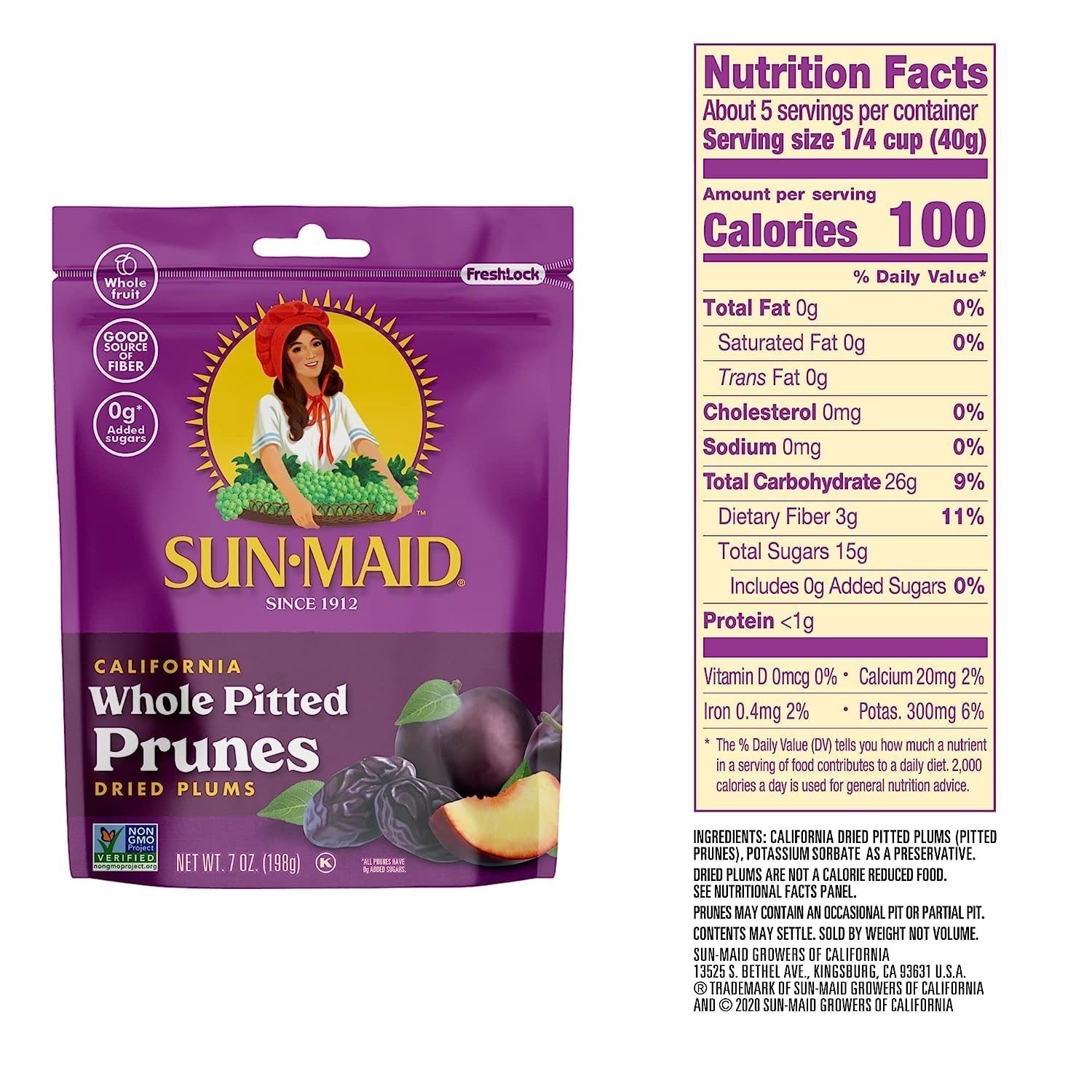 Sun-Maid Dried Whole Pitted Prunes – 4 Pack, 7 oz Resealable Bags