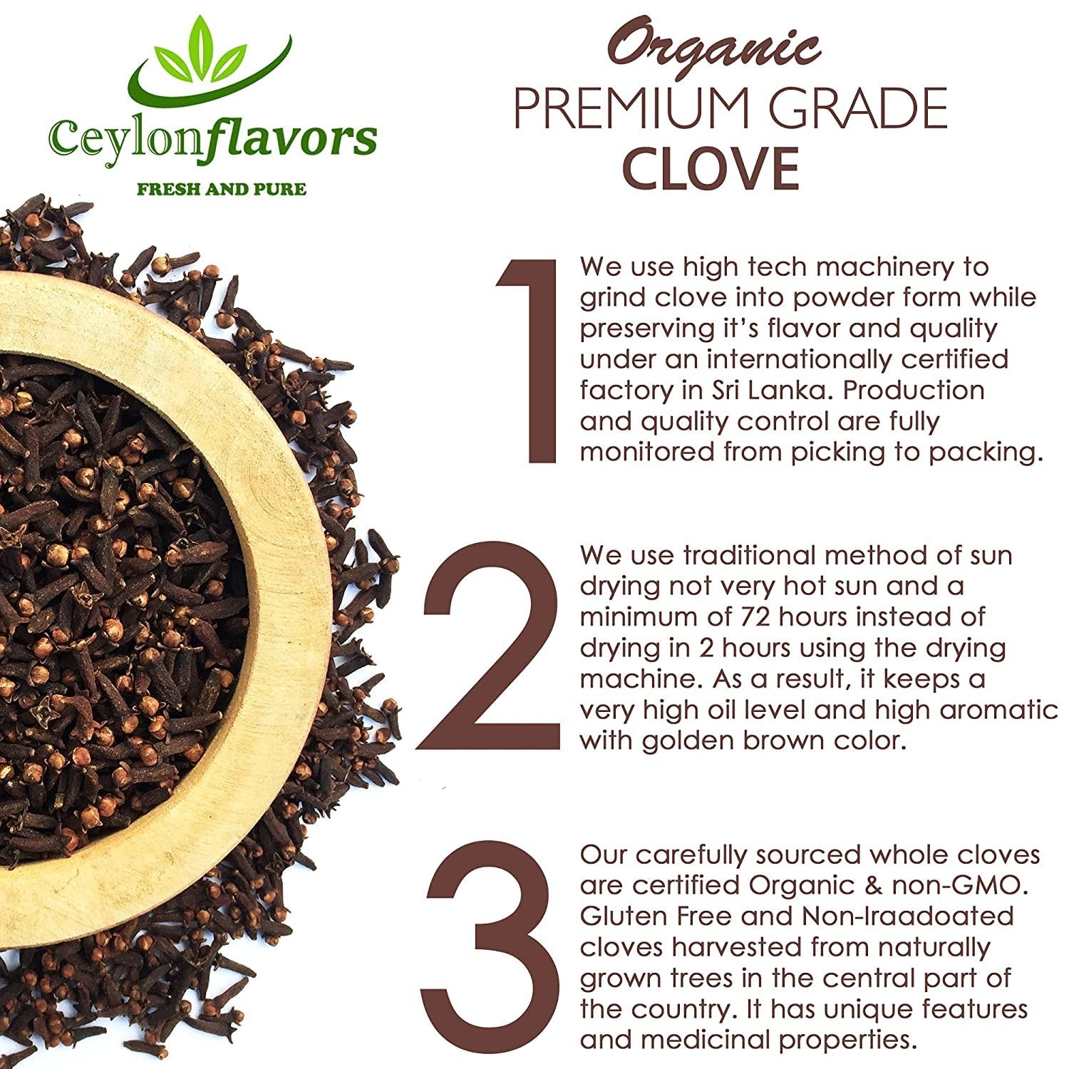 Organic Ceylon Hand Picked Whole Cloves Sri Lanka Non-GMO USDA Certified 3.5 oz