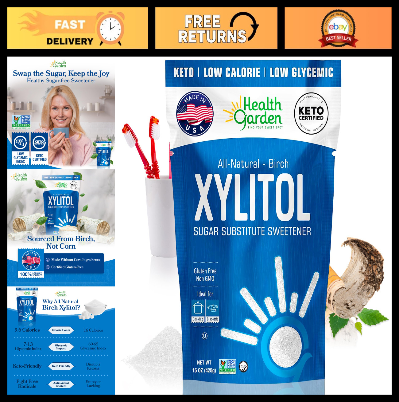 100% Birch Xylitol Sweetener 15oz – Keto-Friendly Sugar Substitute for Baking &