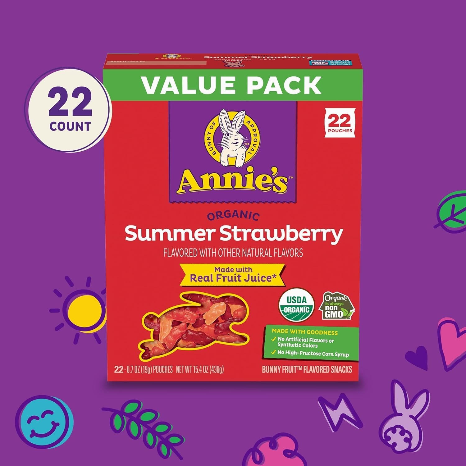 Bunny-Shaped Summer Strawberry Organic Gummies – 22 Gluten-Free Pouches for Kids