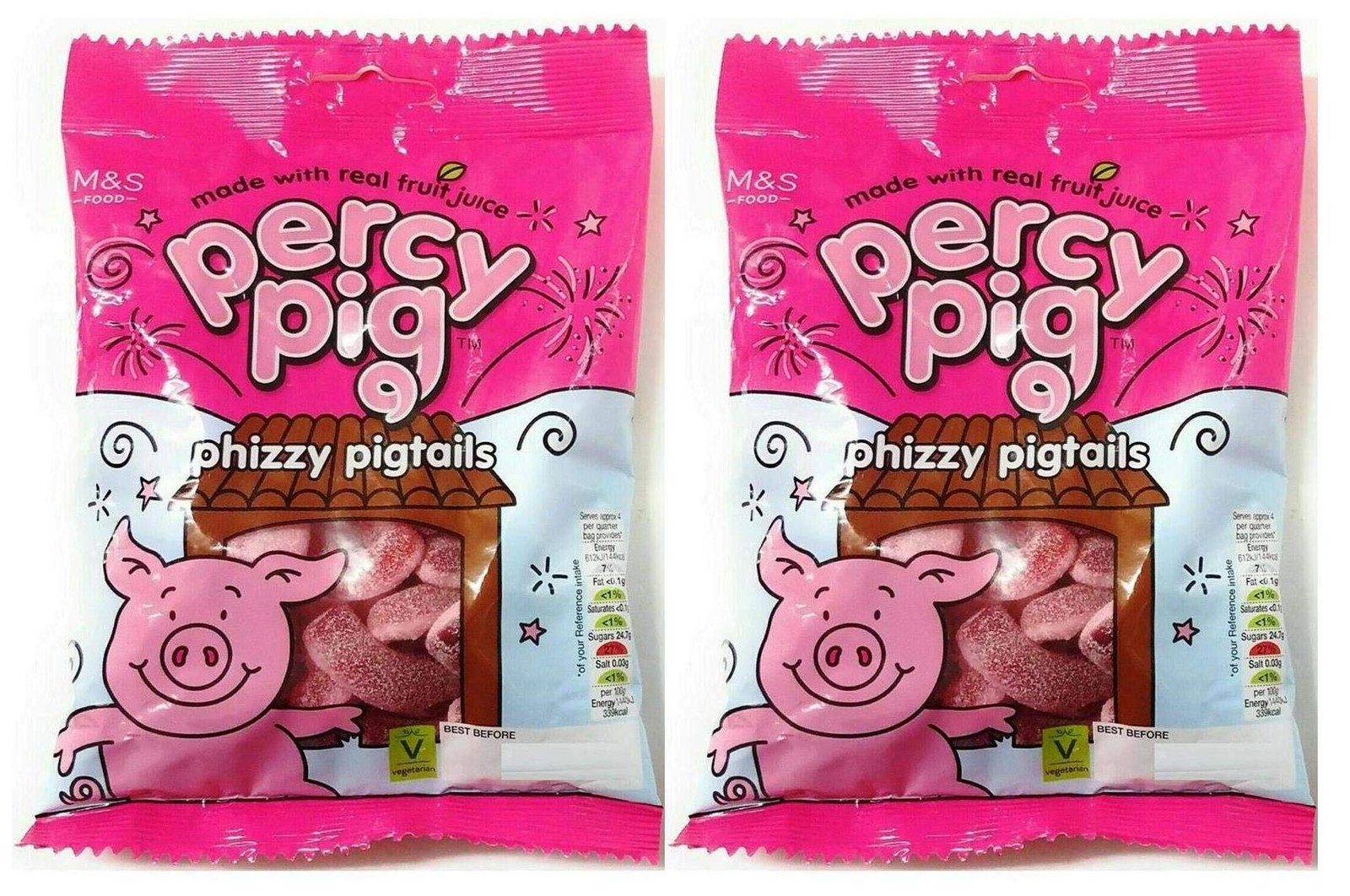M&S Percy Pigs Phizzy Pig Tails Fruity Soft Gums, Fizzy Hint, 2 x 170g Bags