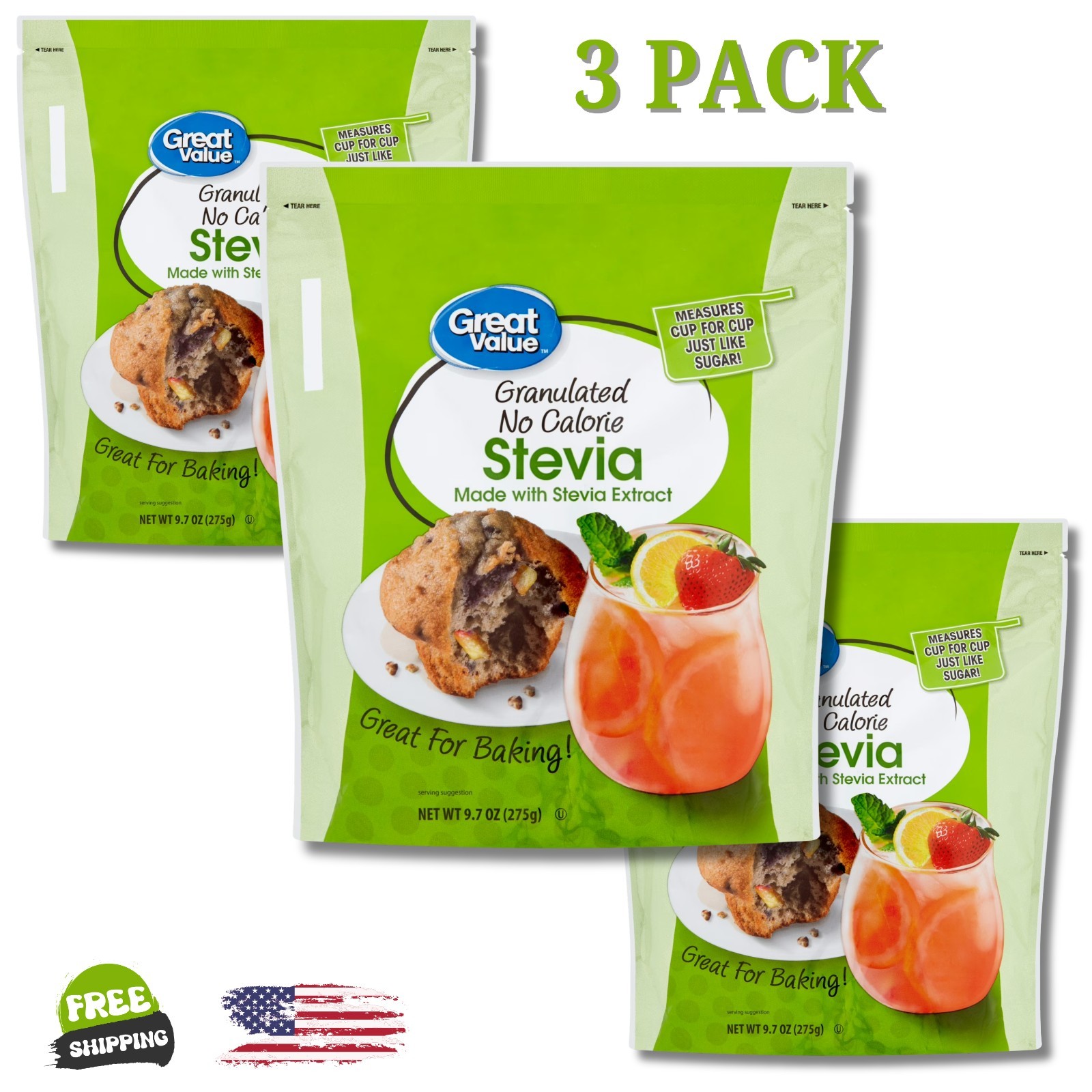Great Value Granulated Stevia Sweetener, No Calorie, 9.7 oz (3 Pack)