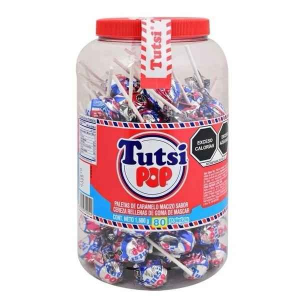 TUTSI POP 🇲🇽 VITROLERO CON 80 PALETAS sabor cereza rellenas con goma de mascar
