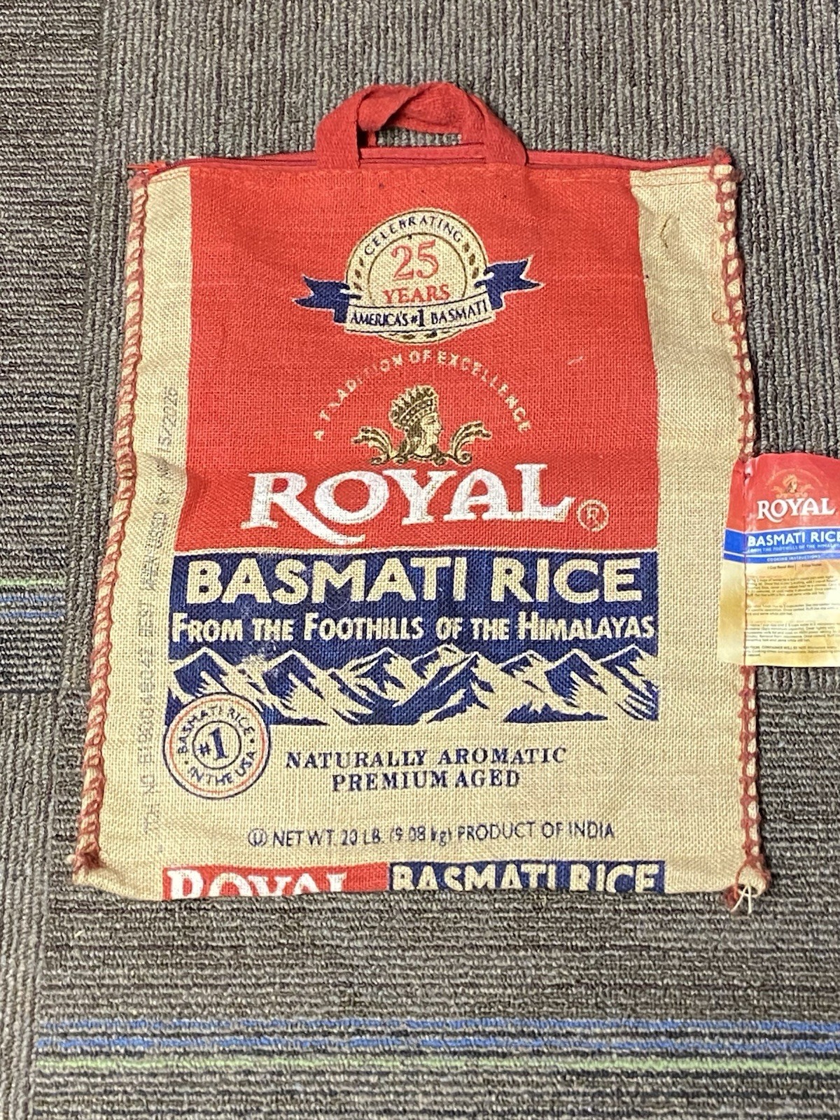 Royal Basmati Rice Bag 20lbs Burlap Handles Zipper Heavy Duty 25th Anniv No Rice