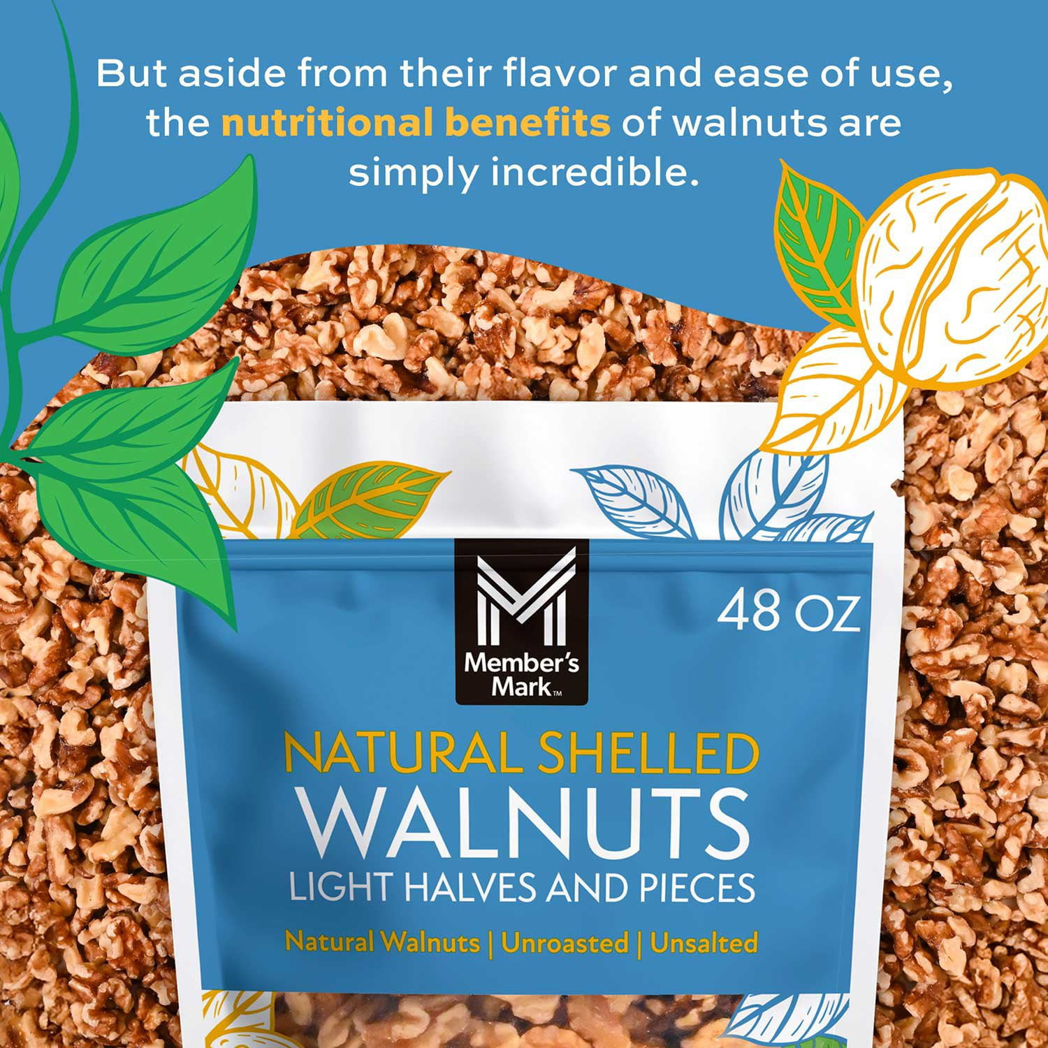 Member’s Mark Natural Shelled Walnuts, 3 lbs Bulk Pack Fresh Nuts