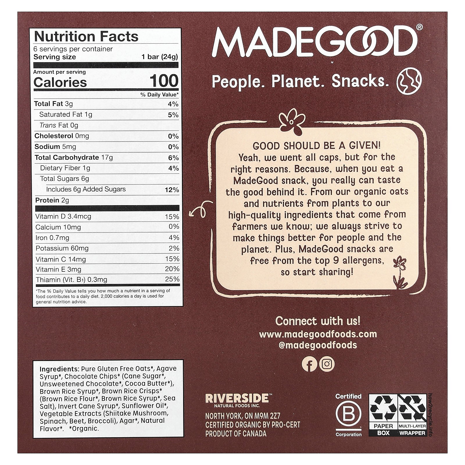Granola Bars, Chocolate Chip, 6 Bars, 0.85 oz (24 g) Each