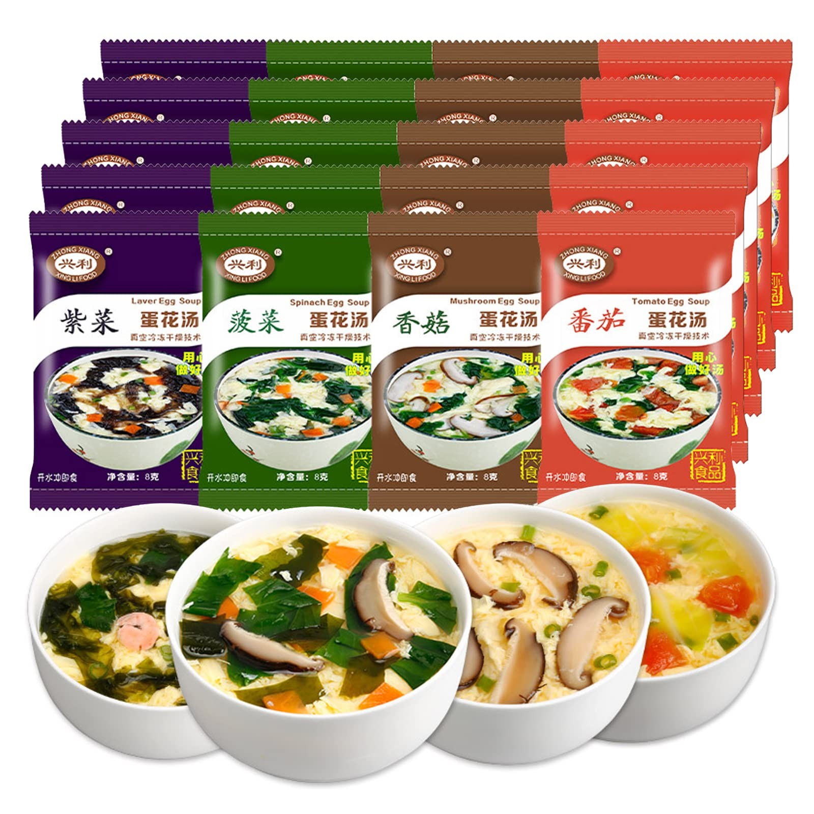 Egg Flower Soup Mix, Vegetable Mix Soup with 4 Flavors (Laver, Spinach, Mushr…