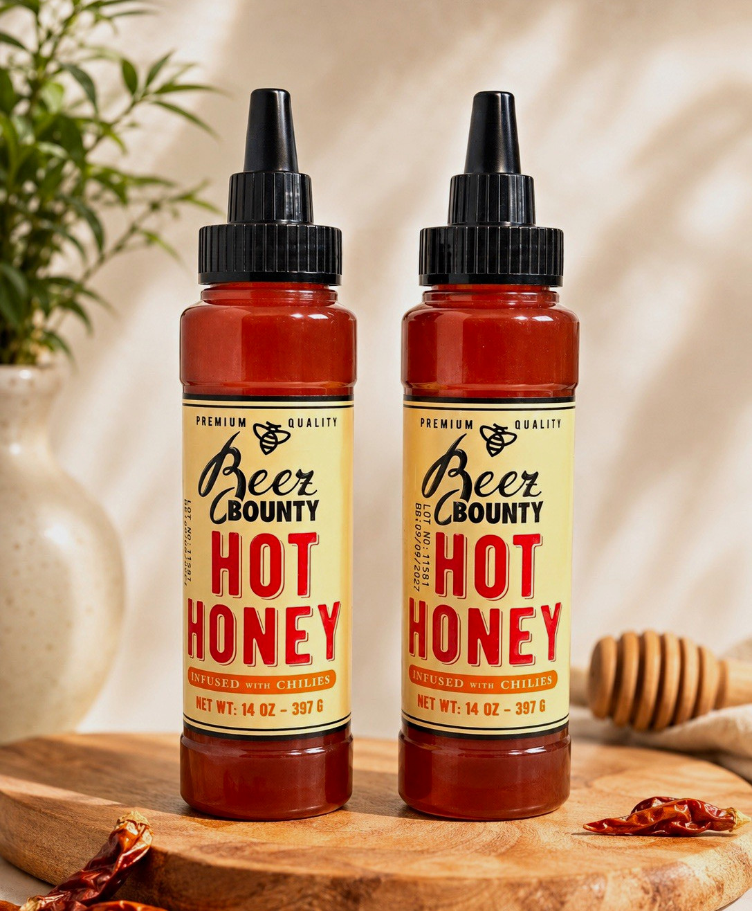 Beer Bounty Hot Honey 14 oz (2 Pack) Chili Infused Squeeze Bottles Exp 09/2027