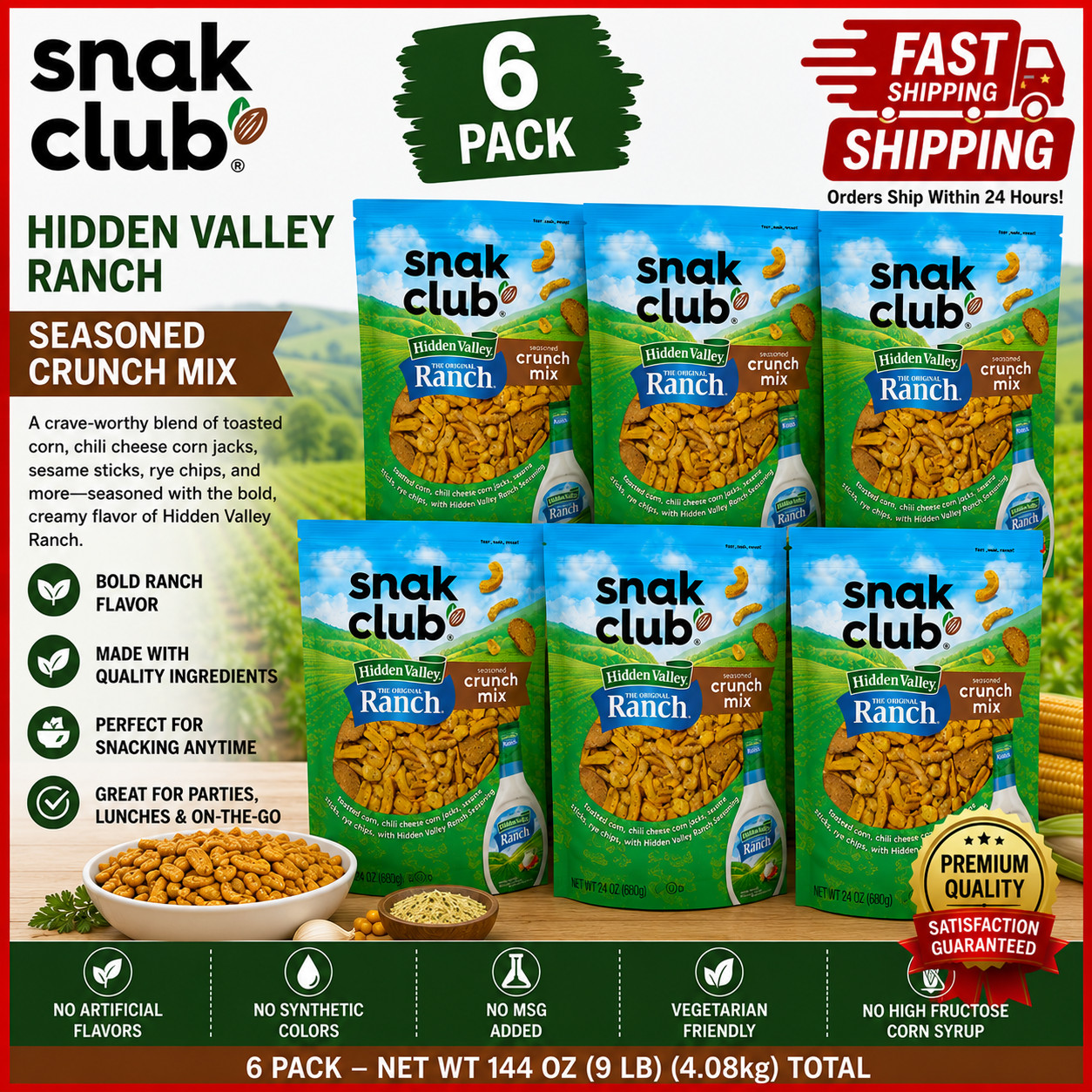 6 PACK Snak Club Crunch Mix Hidden Valley Original Ranch Seasoned 24 Oz LMITED