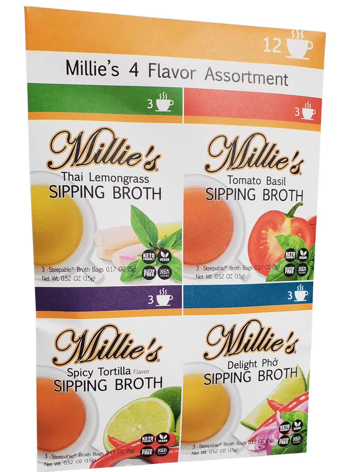 MILLIE’S SIPPING BROTH Steepable Sipping Broth 4 Pack Assortment, 12 Broth Bags
