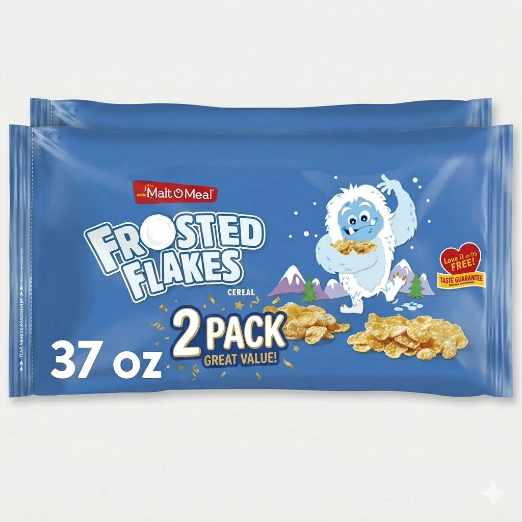 Malt-O-Meal Frosted Flakes Cereal, Family Size, Crunchy 37 oz Resealable Bag 2PK