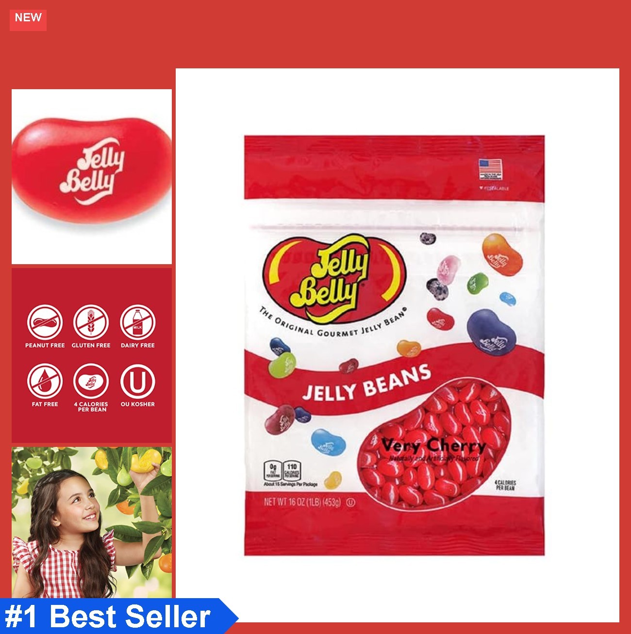 Very Cherry Jelly Beans 1 Pound Resealable Bag Real Cherry Juice Fat Free