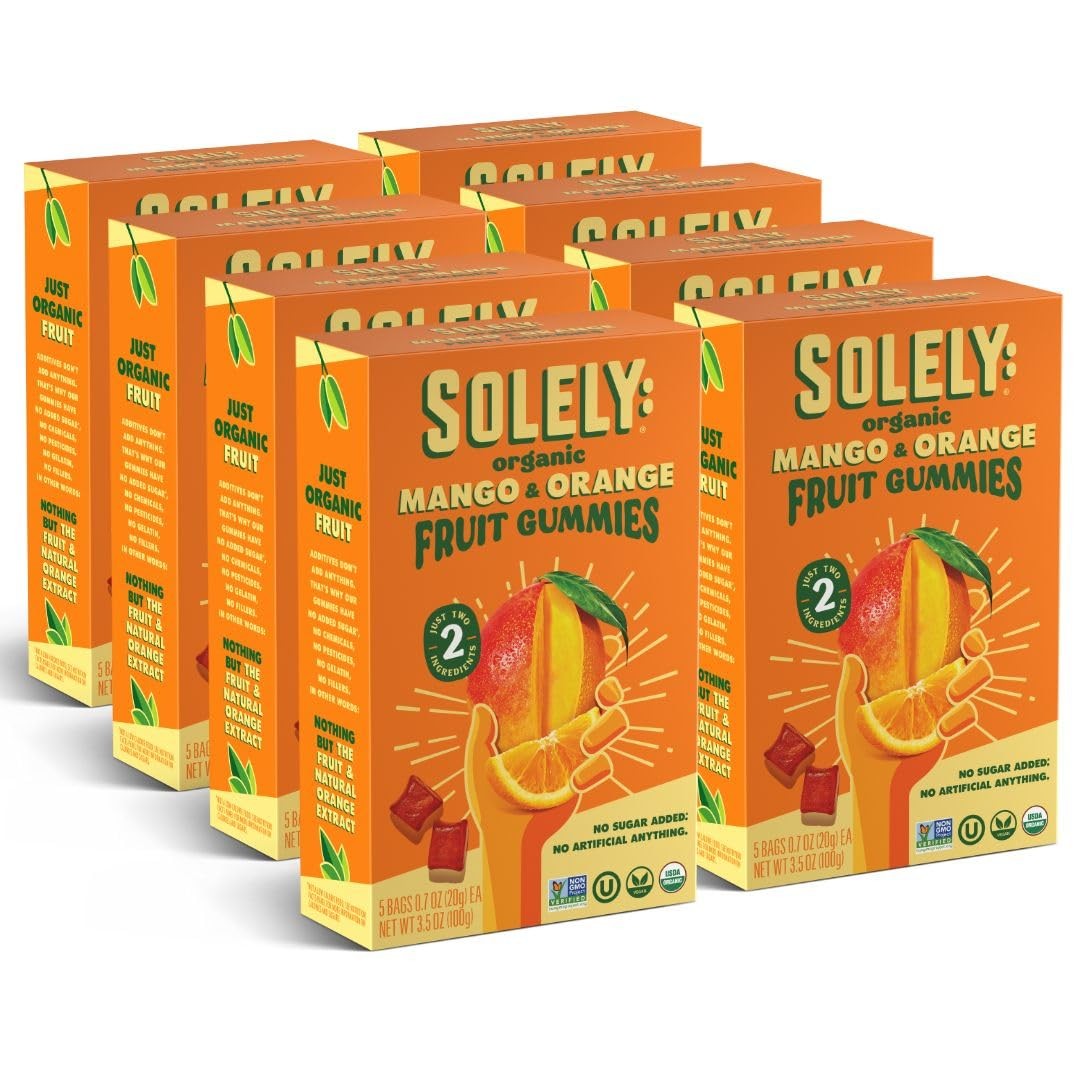 SOLELY Organic Mango & Orange Whole Fruit Gummies Pack of 8 Boxes, 5 Bags pe…
