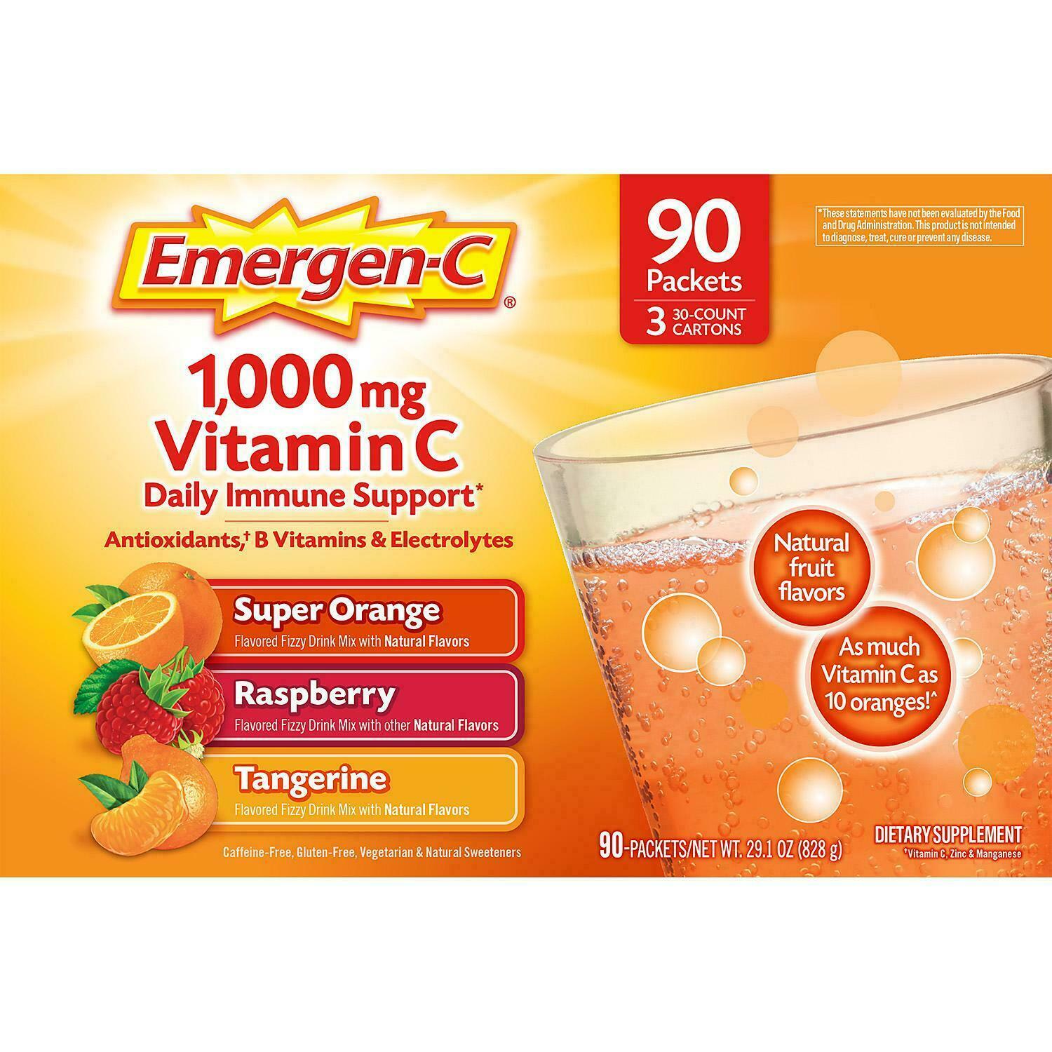 90ct Emergen-C Vitamin C 1000mg D & Zinc Immune Suppo Tangerine Orange Raspberry