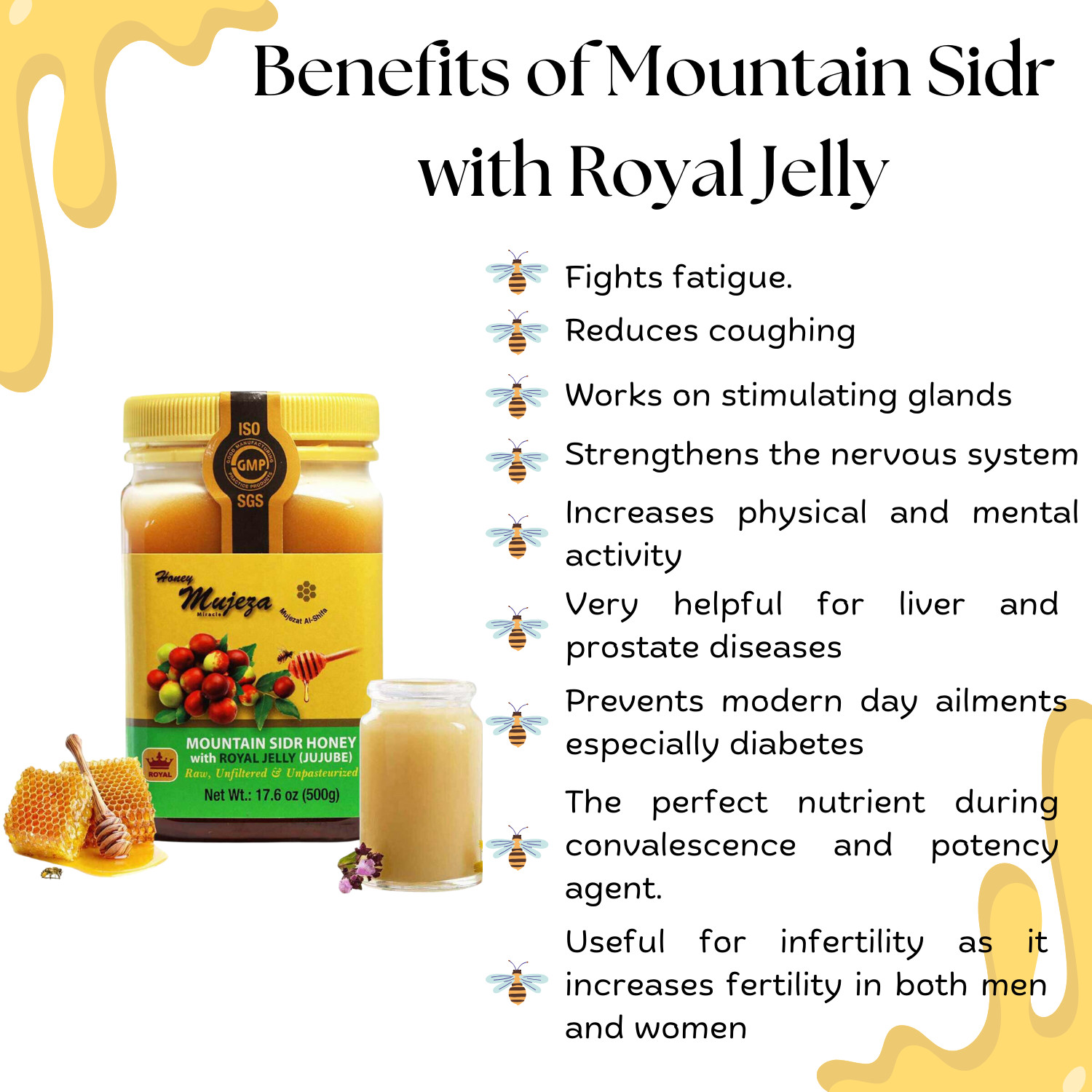 Mujeza Raw Mountain Sidr Honey with 100% Enriched Pure Fresh RoyalJelly 500g
