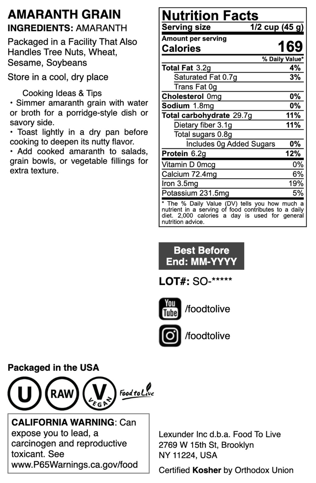 Amaranth Grain – Kosher, Raw, Vegan – by Food to Live