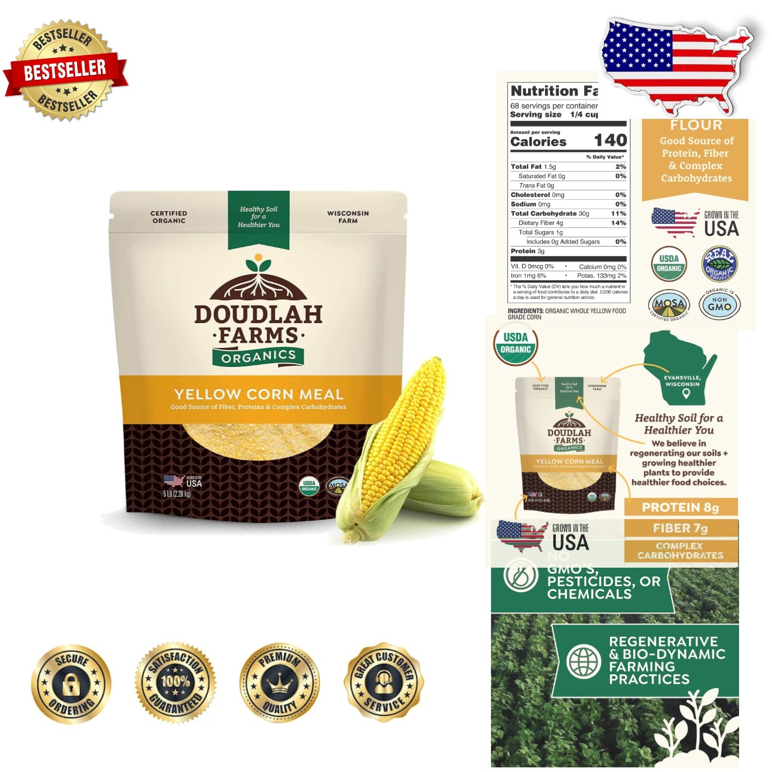 Organic Yellow Cornmeal 5lb Fine Grind – Non-GMO, Gluten-Free, Regenerative Soil