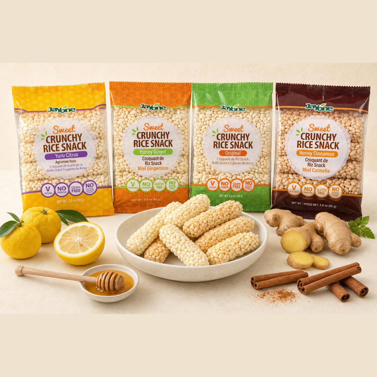 Jayone Crunchy Rice Snack, Honey Cinnamon, 2.82 Ounce Pack of 6