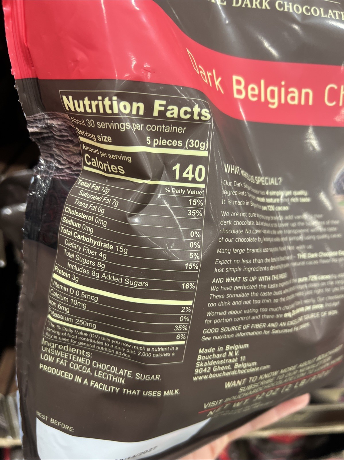 New Bouchard Belgian Dark Chocolate Gluten-Free 72% Cacao 32oz No soy or vanilla