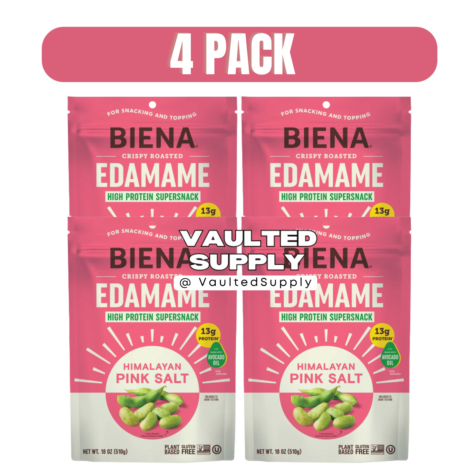 Biena Crispy Roasted Edamame 4 Pack Himalayan Pink Salt 18oz High Protein Snack