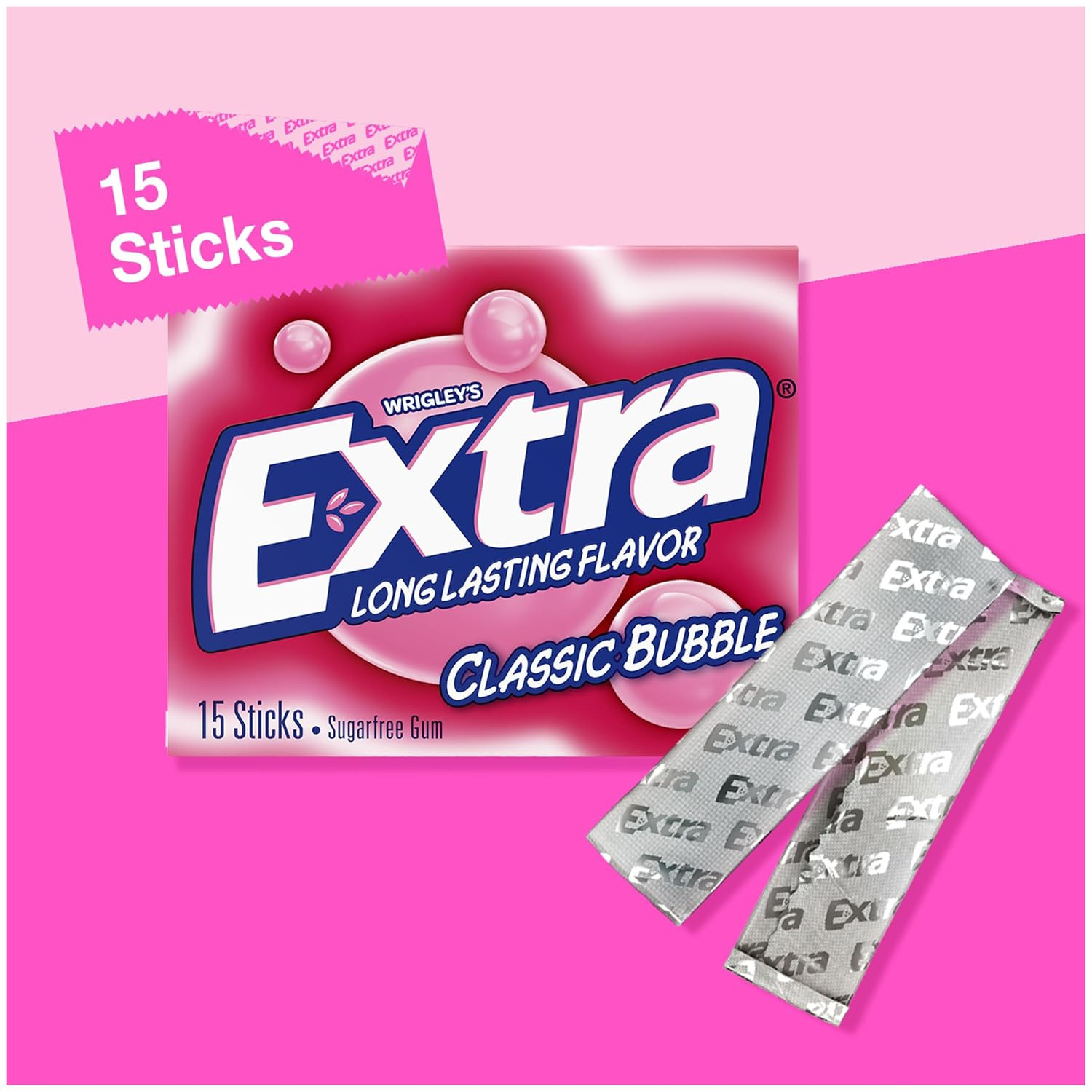 EXTRA Gum Classic Bubble Gum Sugar Free Chewing Gum Bulk Pack, 15 Stick (Pack of