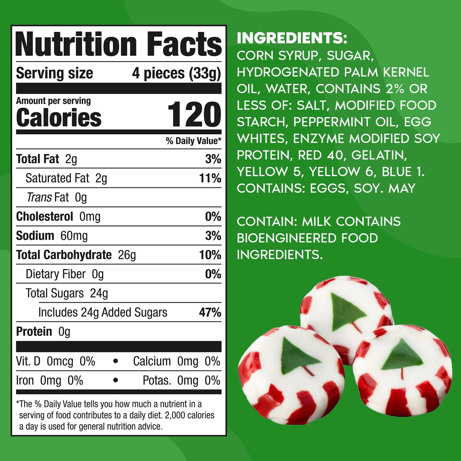 Bulk Christmas Peppermint Nougats 2 Lb Pack – Soft Chewy Mint Candy with Green C