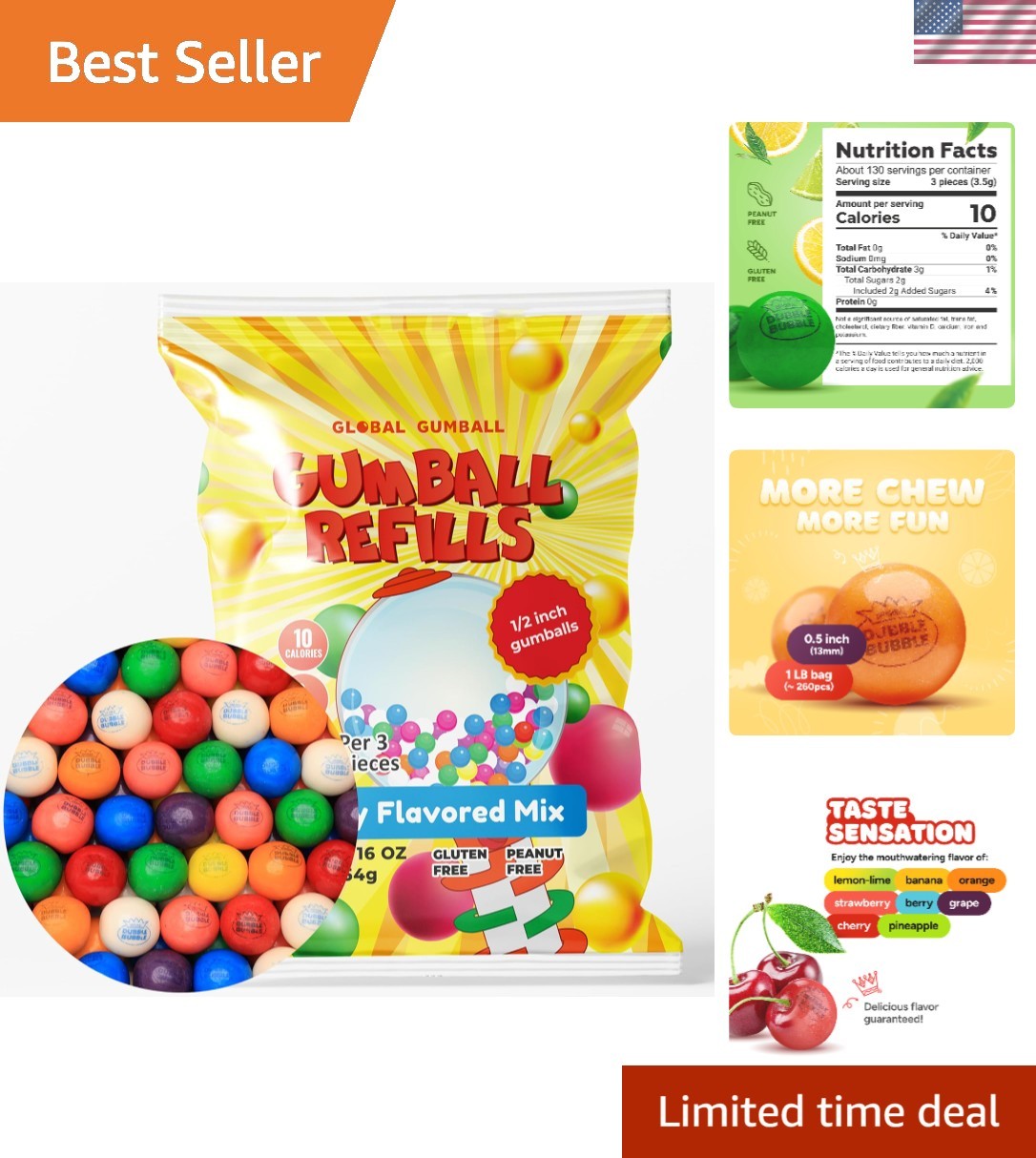 Fresh 1lb bag of Assorted Fruit Gumballs – 260 Count for Vending Machines
