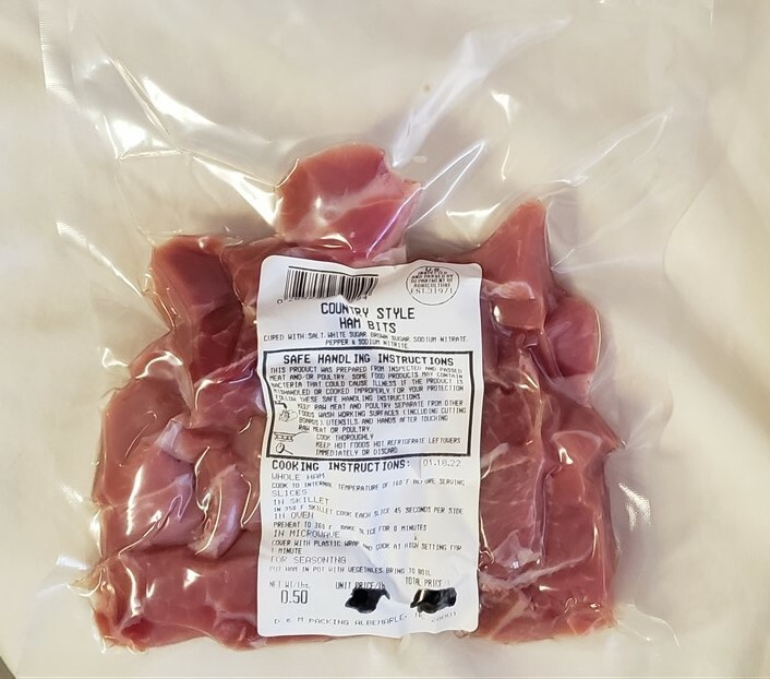 Country Style Cured Ham Bits 8 oz Chips Vacuum Sealed Dennis Boneless Skinned