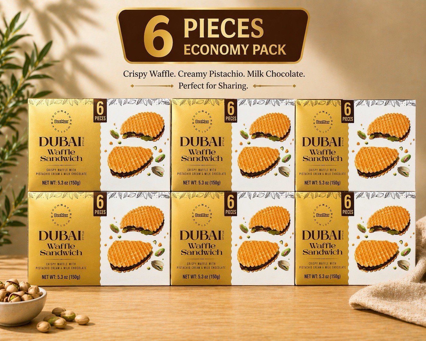 BeeMax Dubai Style Waffle Sandwich Pistachio Cream Milk Chocolate 6 Pieces 5.3oz