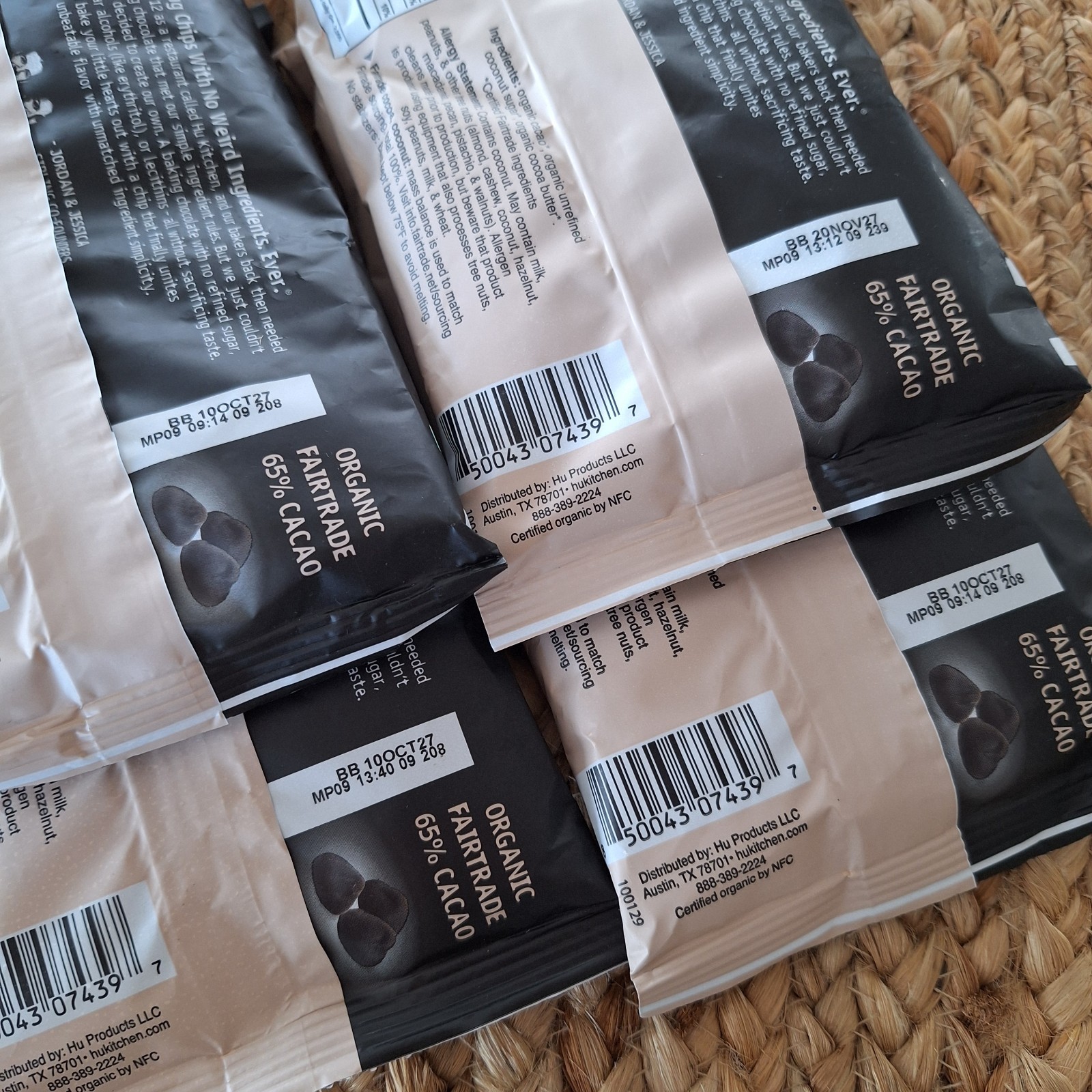 4 Bags Hu Organic Dark Chocolate Baking Chips 65% Cacao 10/2027