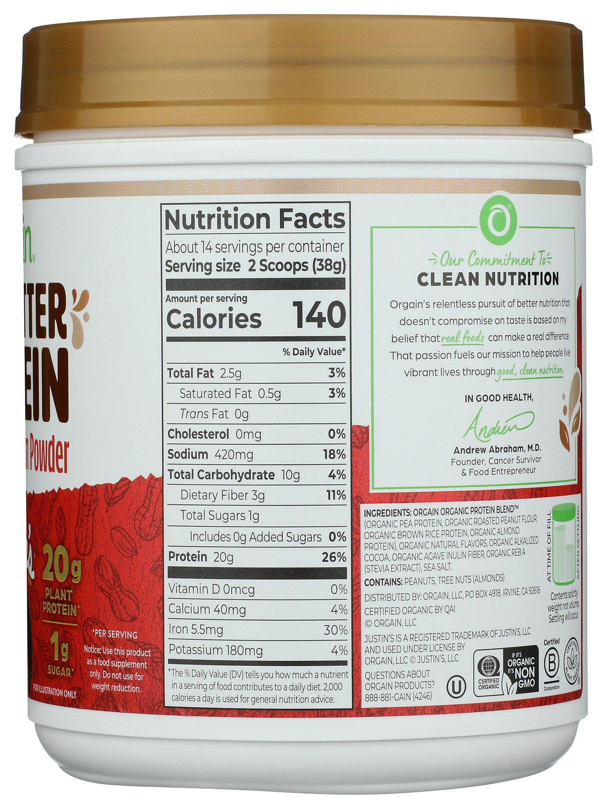 Orgain Dark Chocolate Peanut Butter Nut Plant Protein Powder 18.7 Oz Rice 1 Pack