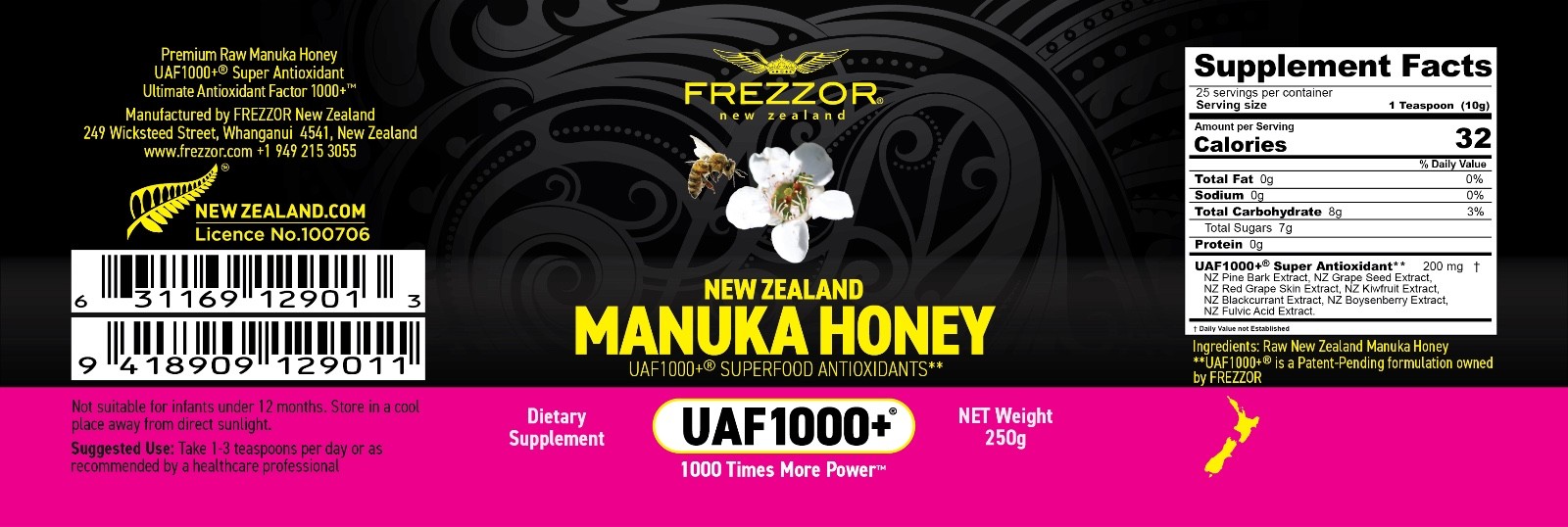 FREZZOR New Zealand Manuka Honey UAF1000+, Immune Support, Skin Health 2 Jars