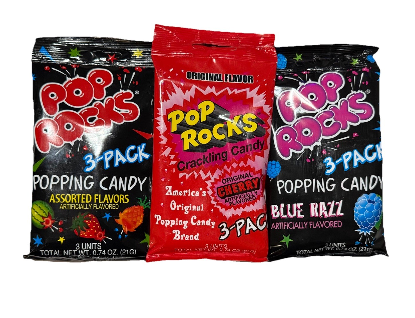 3 Pack Pop Rocks Popping Candy CHERRY BLUE RAZZ & ASSORTED 0.74oz – 3ct Each Bag