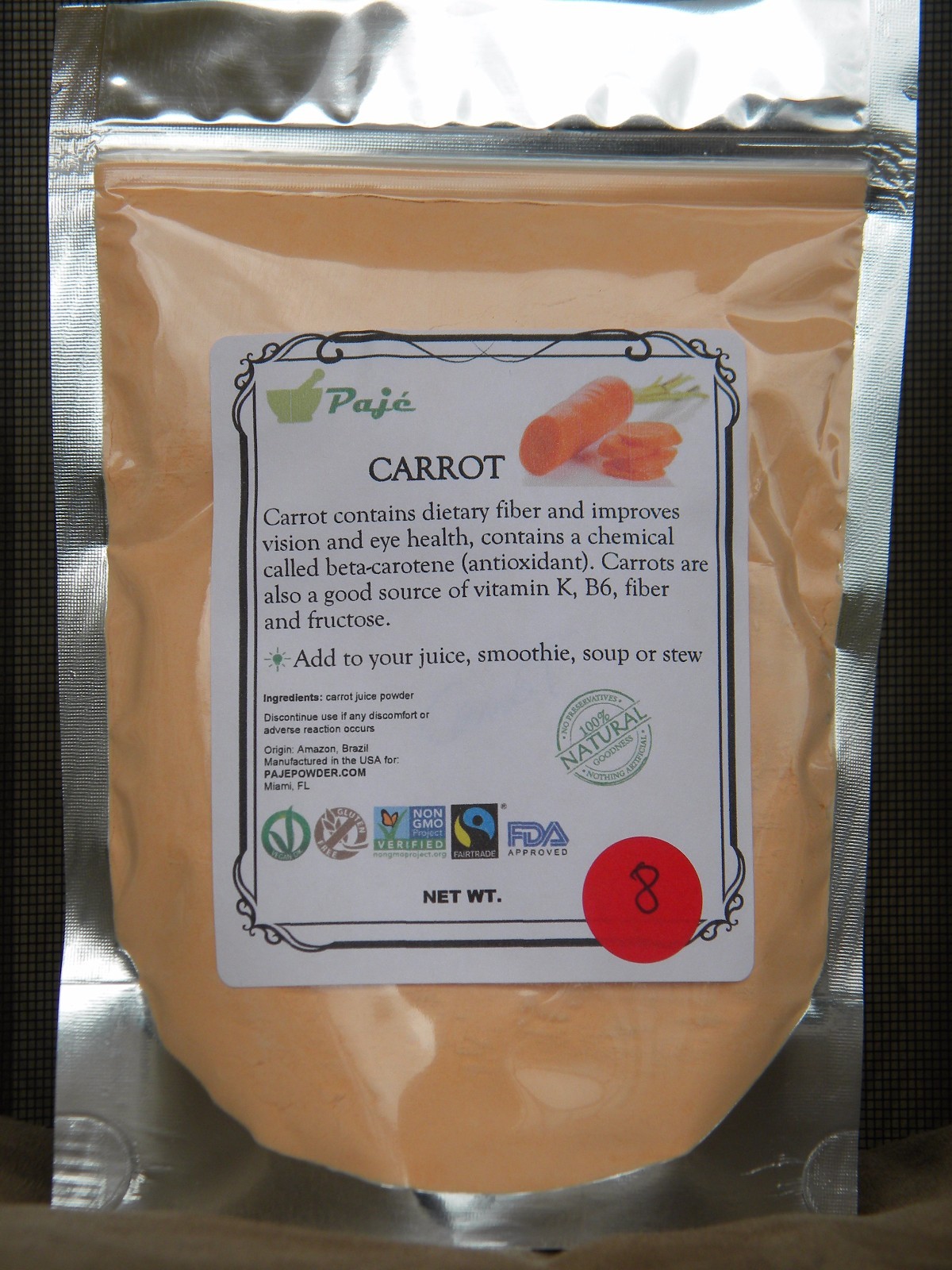 CARROT powder 8oz 1/2 lb , beta-carot, Brazil Produce, gluten free, nonGMO PAJE