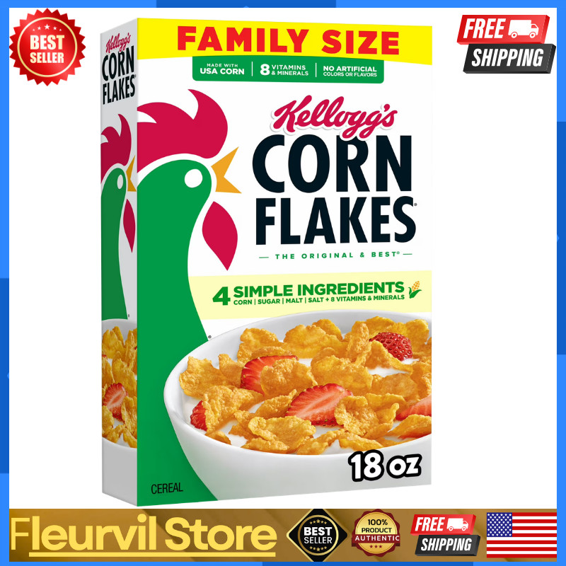 Kellogg’s Corn Flakes Breakfast Cereal, 8 Vitamins and Minerals, Family Size, 18
