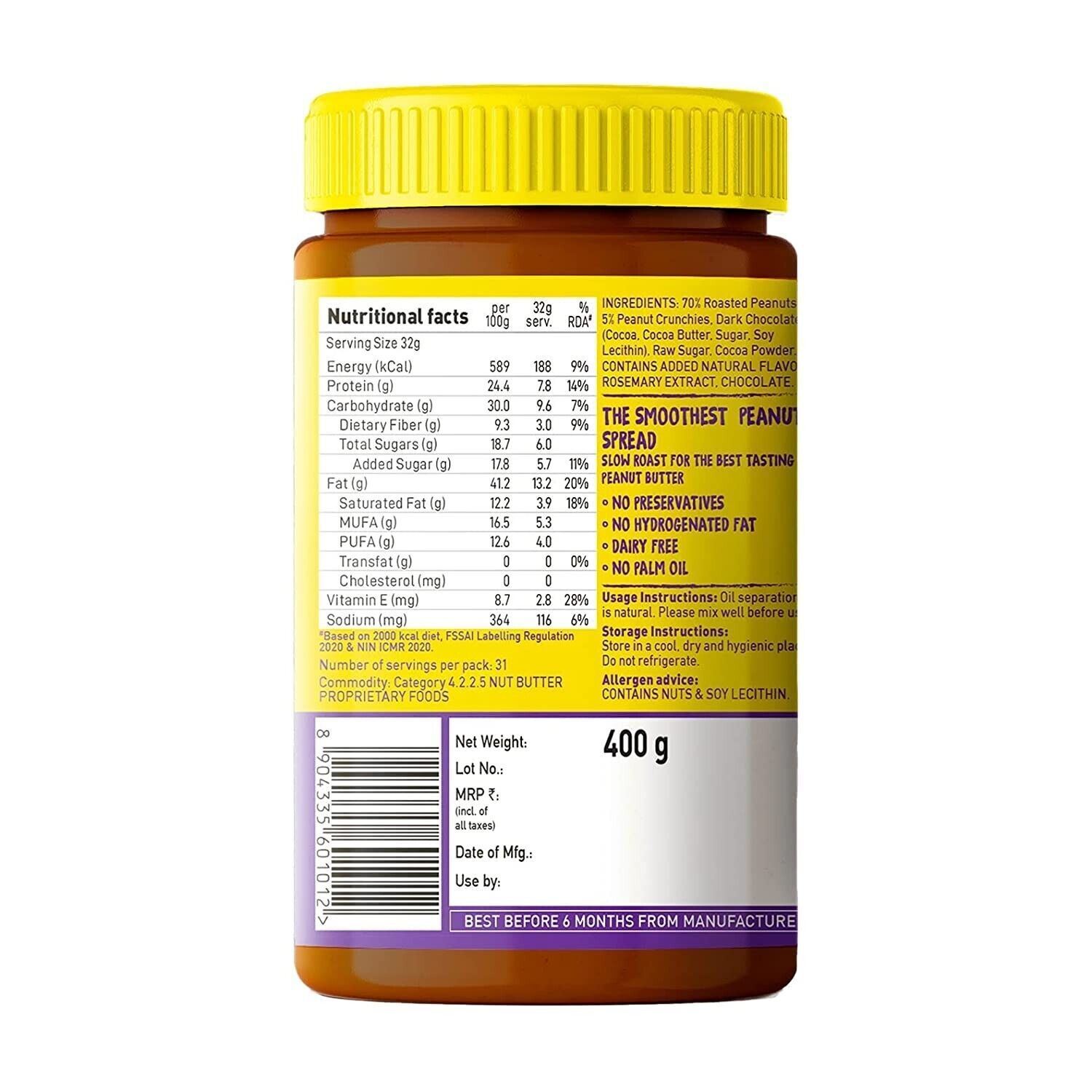 Yogabar Crunchy Peanut Butter Crunchy with No Palm Oil Vegan 400 g
