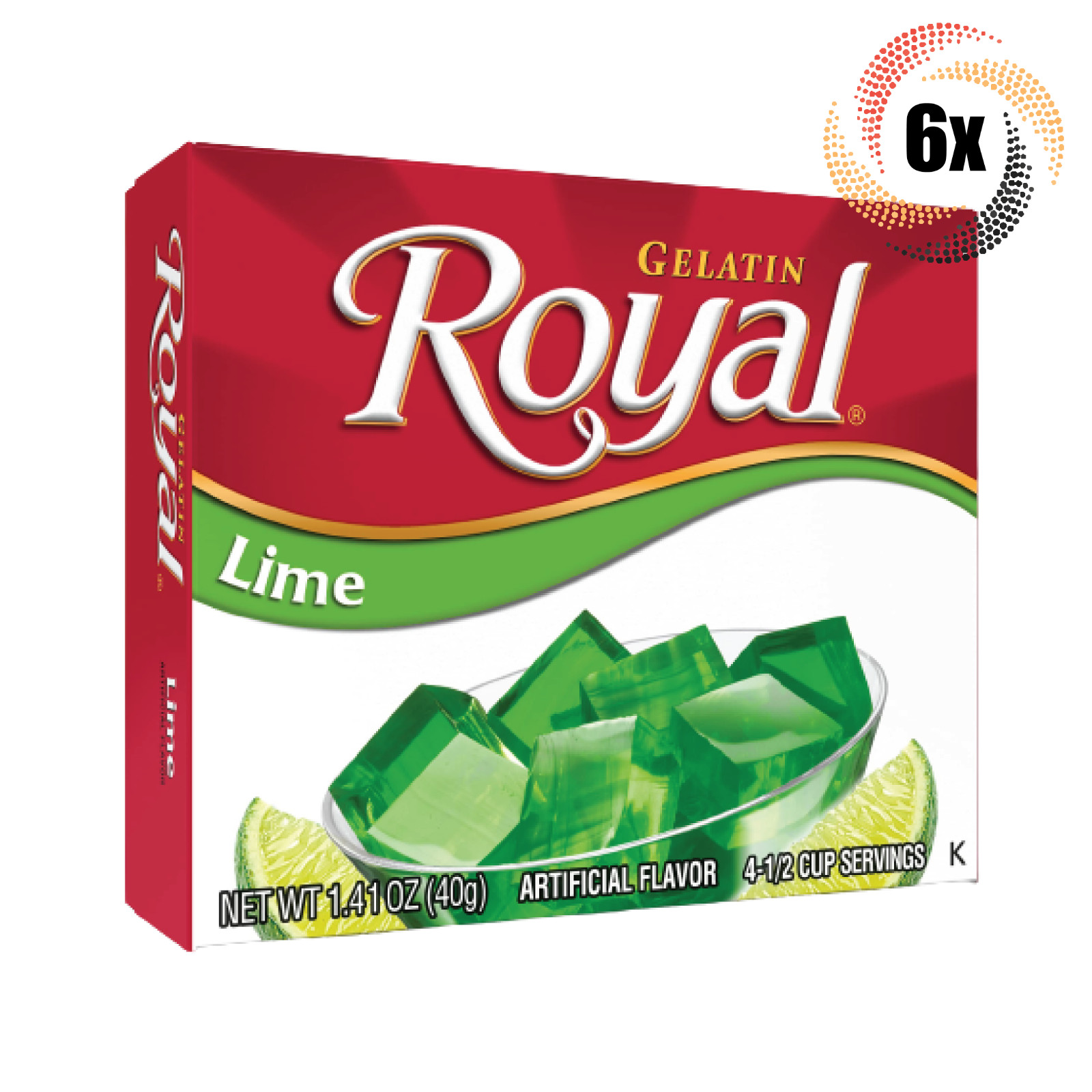 6x Packs Royal Lime Flavor Fat Free Gelatin | 4 Servings Per Pack | 1.4oz