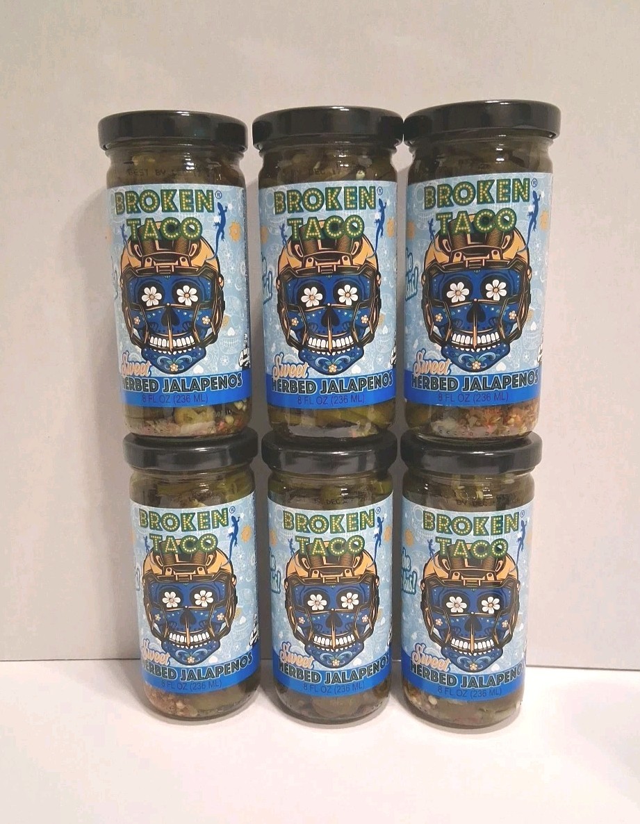 Broken Taco Sweet Herbed Jalepenos 8 Fl Oz Jars Lot of 6 Expires December 2026