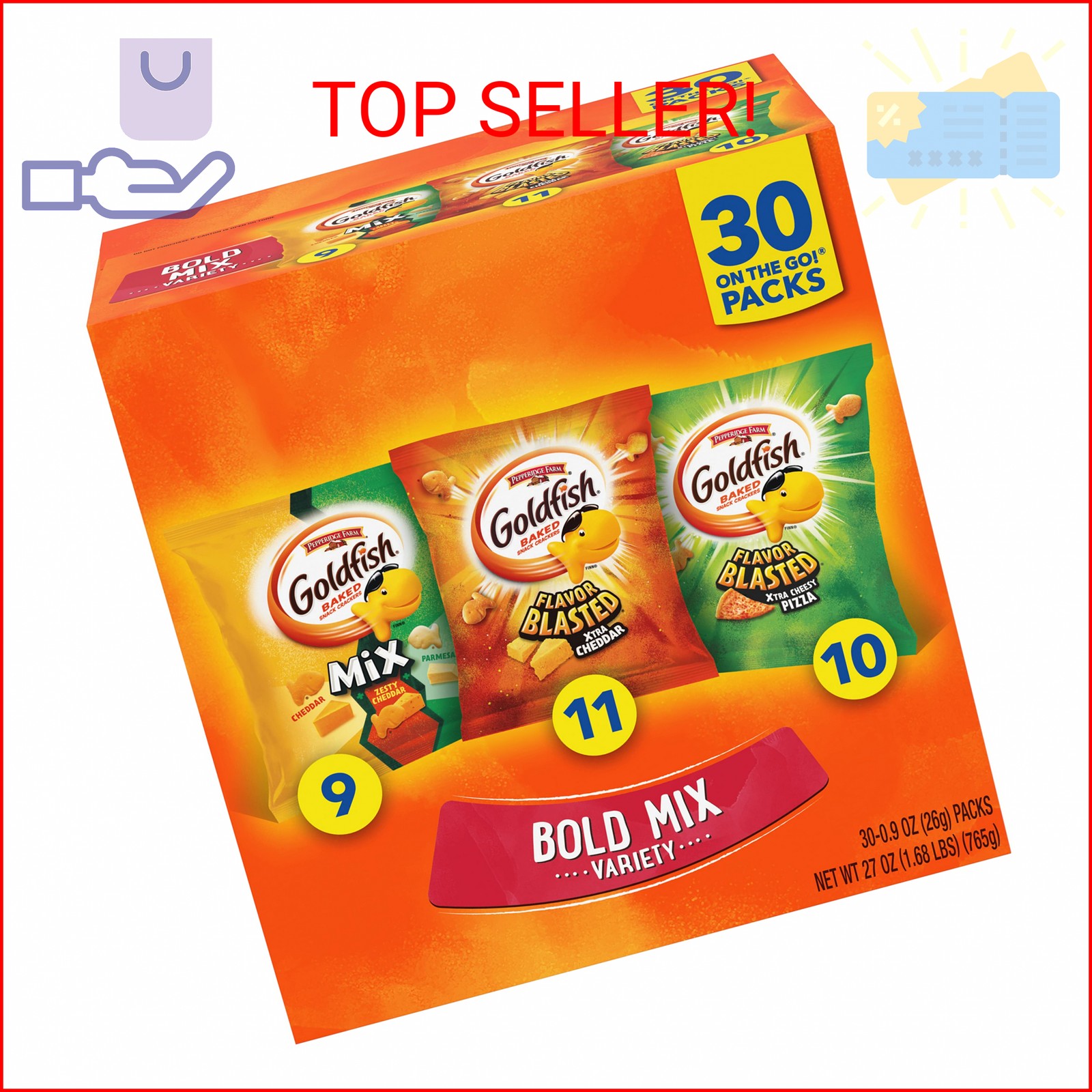 Goldfish Bold Mix Variety Pack Snack Crackers, 1 oz Snack Packs, 30 Ct Box