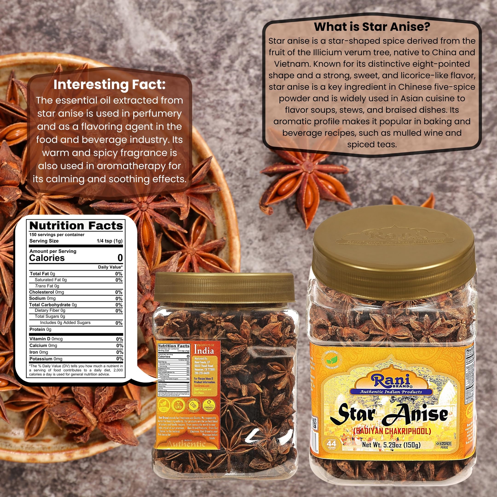 Rani Star Anise Seeds, Whole Pods (Badian Khatai) Spice 5.29oz (150g) PET Jar