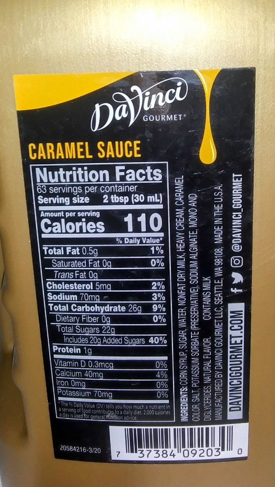 DaVinci Gourmet Caramel Flavoring Sauce 64 Fl Oz (1/2 GALLON) Bottle Jug New