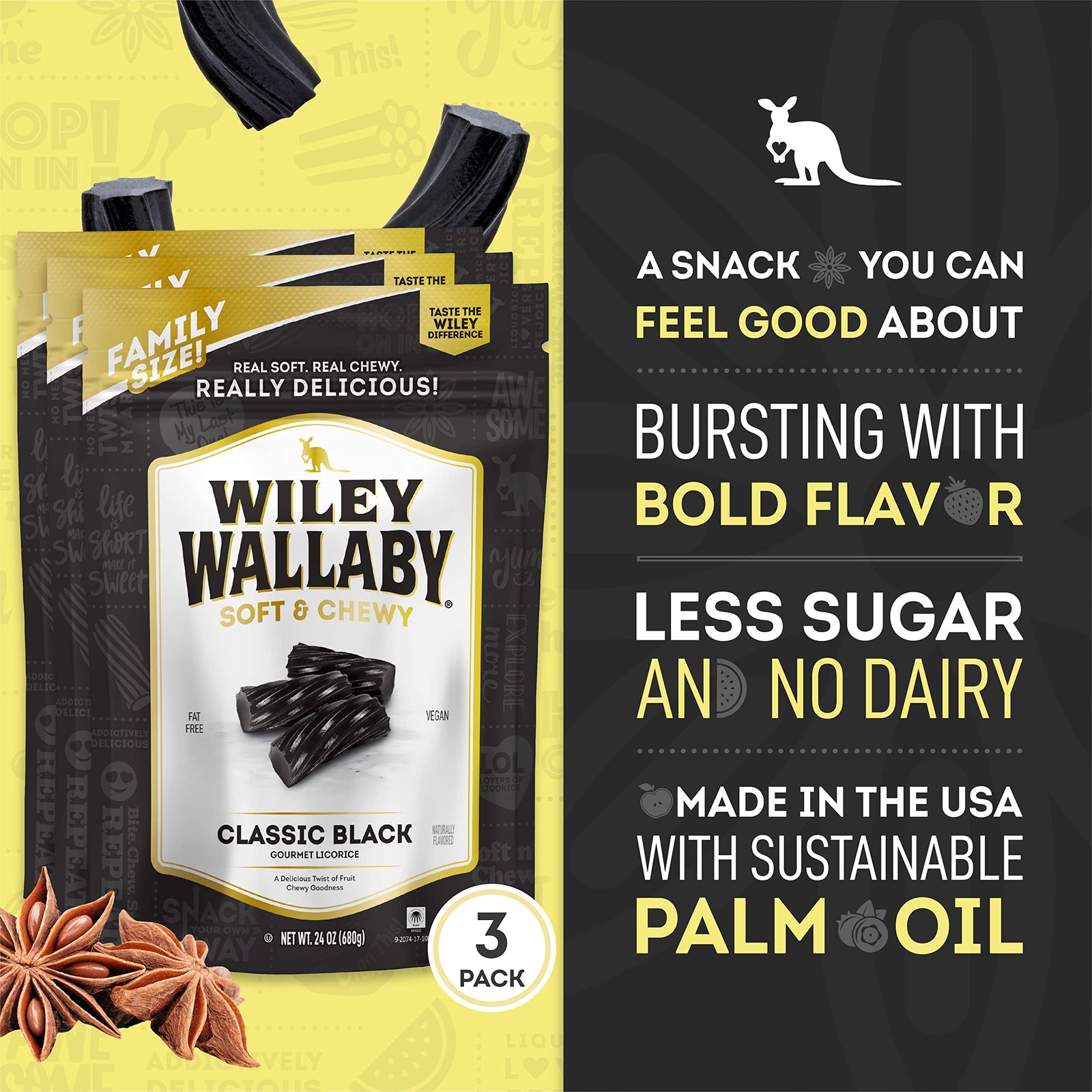 Wiley Wallaby Licorice 24 Ounce Classic Gourmet 24 (Pack of 3), Black