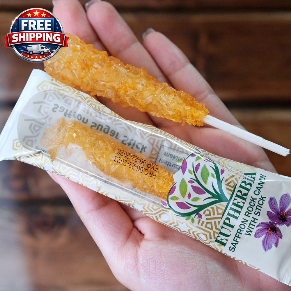 Saffron Rock Candy Sticks, 25 Pack, Pure Crystalline Elegance, Handcrafted Sweet