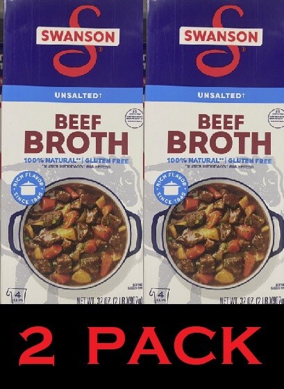 2x SWANSON Beef Broth 100% Natural – UNSALTED Gluten Free 32 oz Carton – 2 PACK