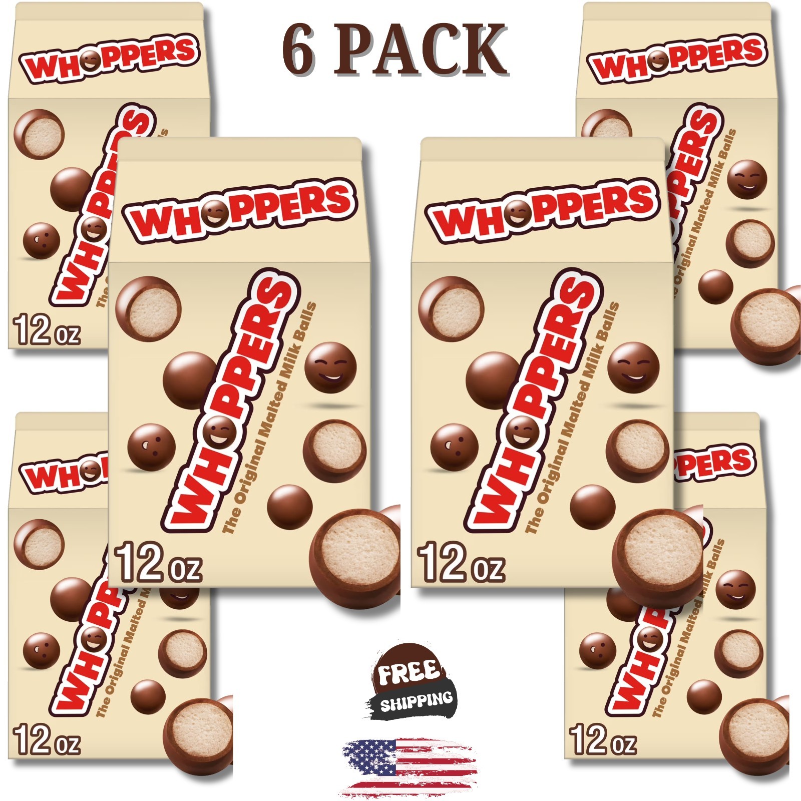 Whoppers Malted Milk Balls Candy, Box 12 oz 6 Pack