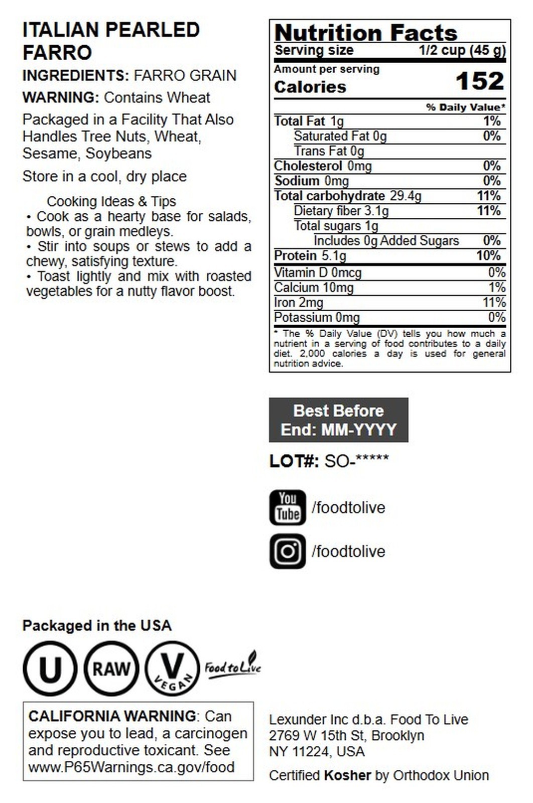Pearled Farro Grain – Kosher, Vegan, Whole Grain in Bulk – Food To Live®