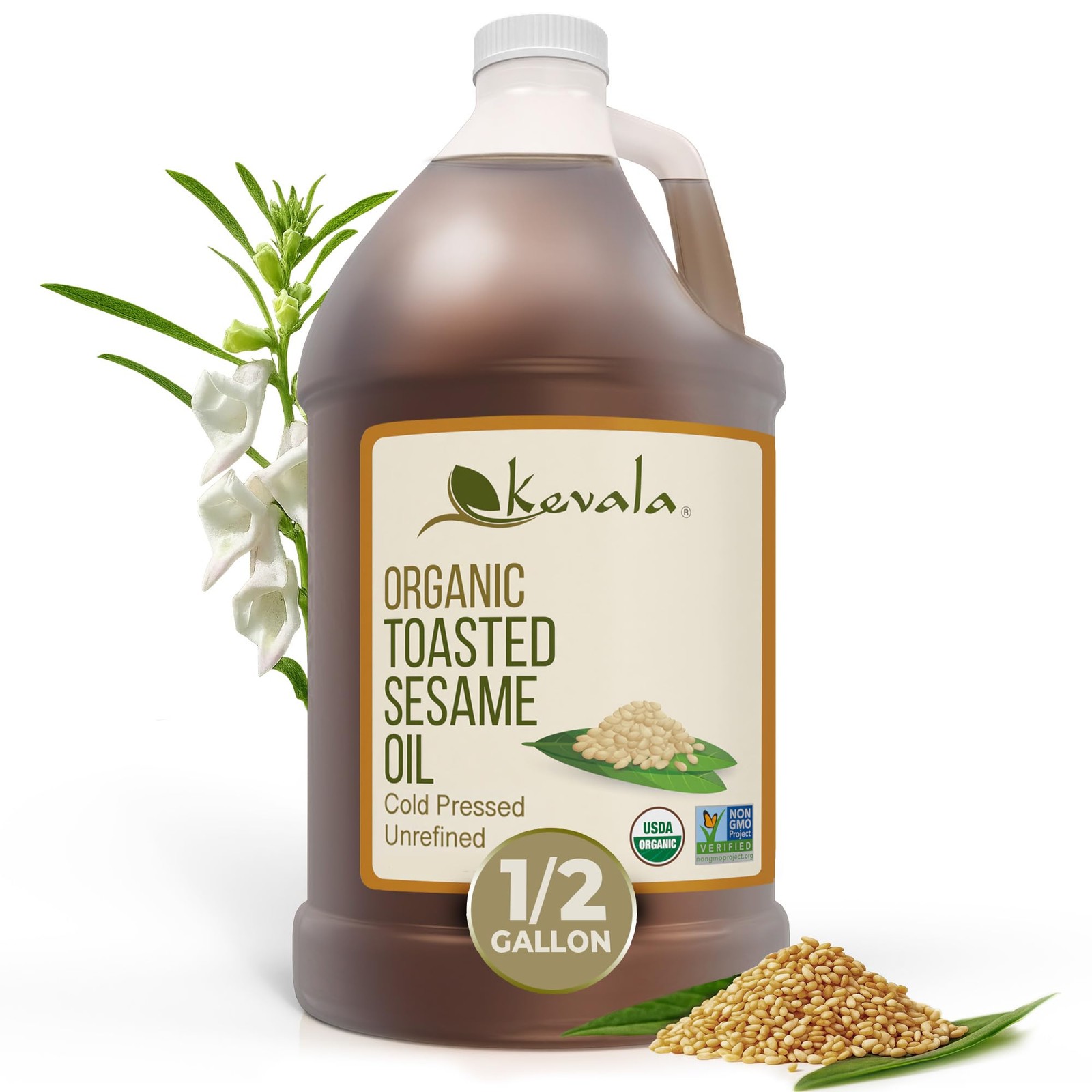 Kevala Organic Toasted Sesame Oil – 64 fl oz – 1/2 Gallon – Cold Pressed –