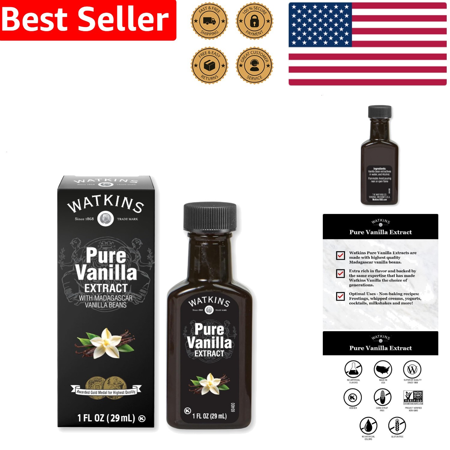 Madagascar Vanilla Extract Pure 1 oz Bottle Non-GMO Kosher USA Flavor