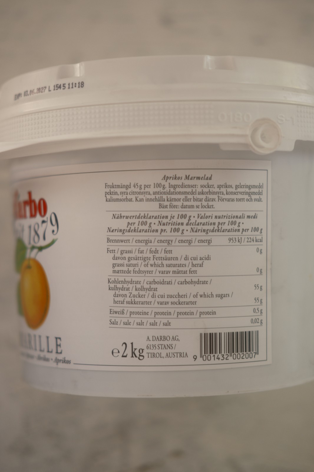 D’arbo Apricot (Marille) Fruit Spread Preserve 2kg Container – Brand New Import